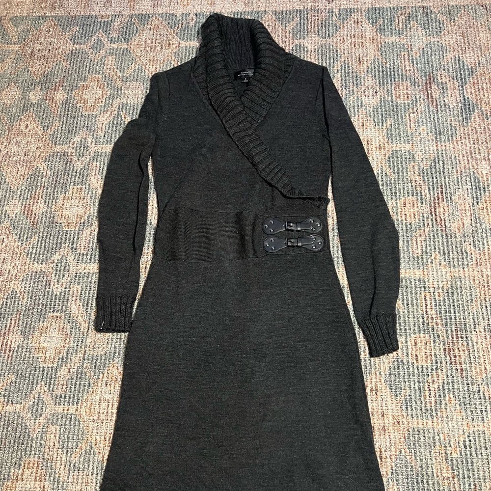 Tahari Dark Gray Sweater Dress with Faux Belt - small